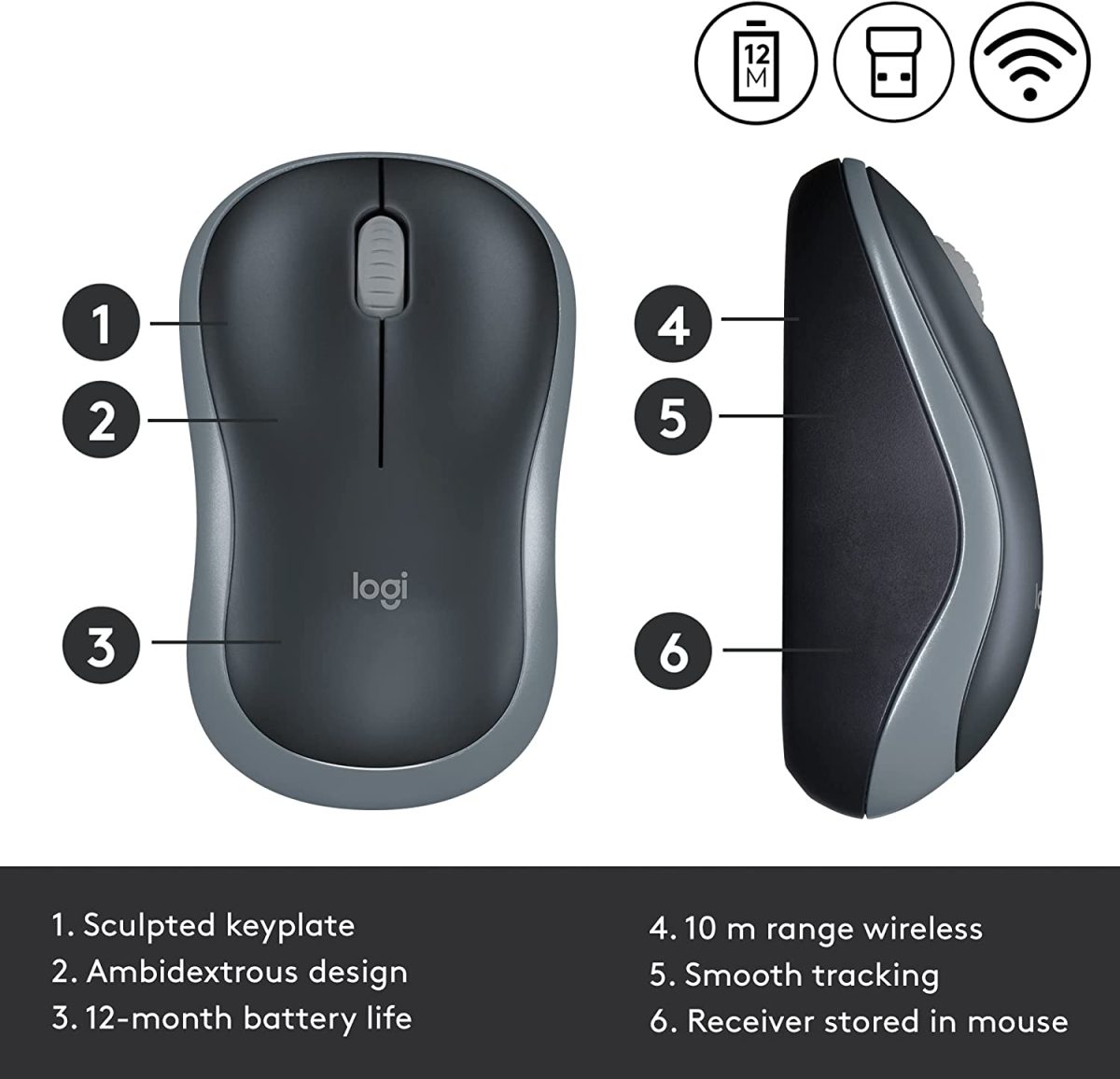 Mouse Inalámbrico Logitech M185 Gris (910-002225) - Image 5