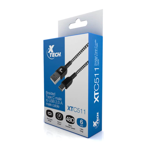 CABLE TRENZADO XTECH  CON CONECTOR TIPO C MACHO A USB 20 A MACHO 1,8METROS (XTC-511)