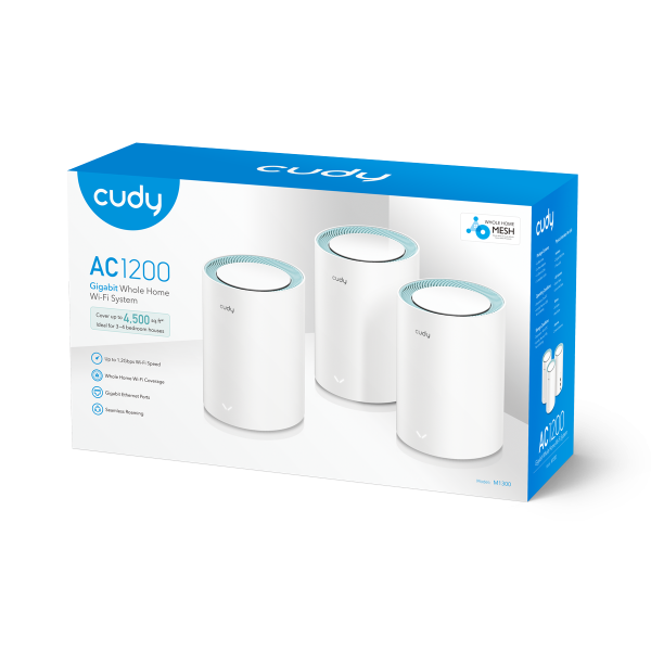 ROUTER CUDY MESH M1300 AC1200 DUAL BAND WIFI GIGABIT 1000/100/10 Mbps  24 GHz- 5GHz 3 PACK   (206994)	(M1300 3-PACK)