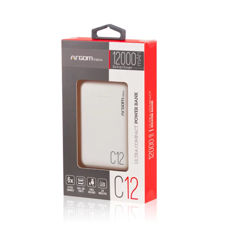 POWER BANK ARGOM C12/ ULTRA COMPACTO/ 12000mAH/ 2 USB/ BLANCO
