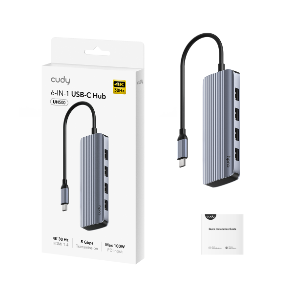 HUB MINI CUDY TIPO C 6 EN 1 4K 5Gbps  4xUSB 30 + HDMI 4K + USB C(PD)