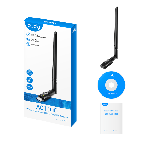 ADAPTADOR RED CUDY WU1400 AC1300 WIFI USB 30  DUAL BAND 1 ANTENA